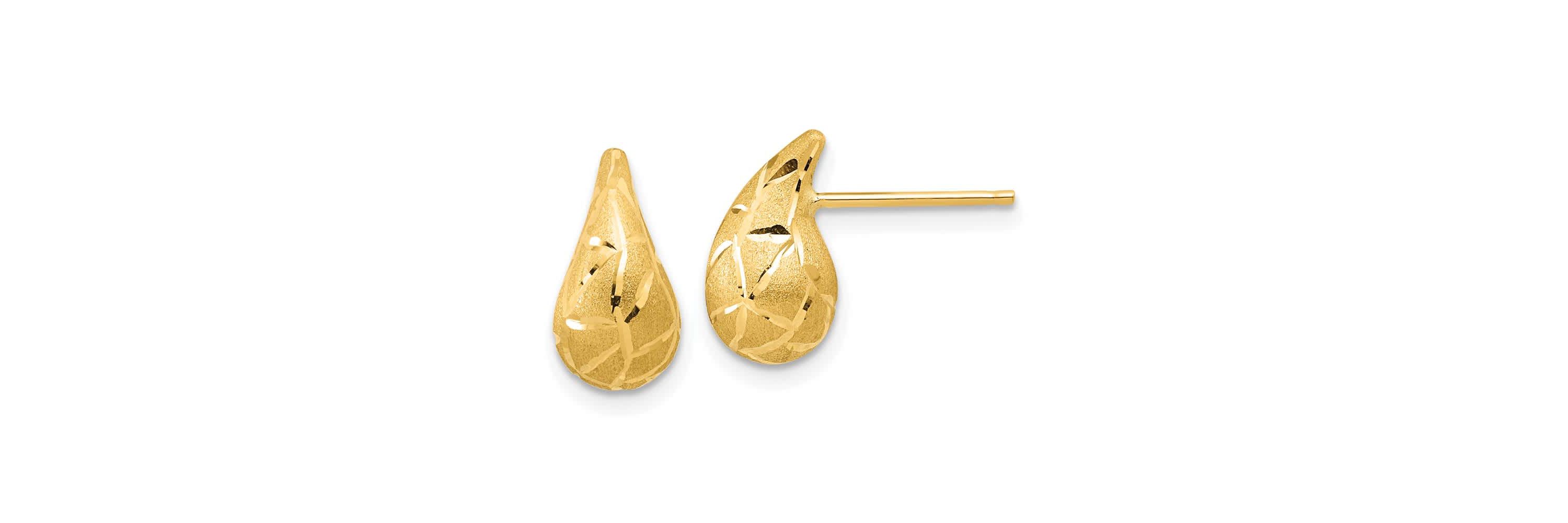14K Yellow Gold Polished, Brushed and Diamond-cut Puffed Teardrop Post Earrings