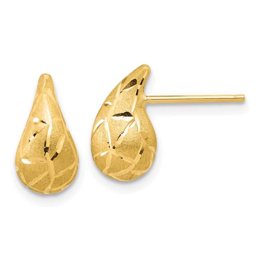 14K Yellow Gold Polished, Brushed and Diamond-cut Puffed Teardrop Post Earrings