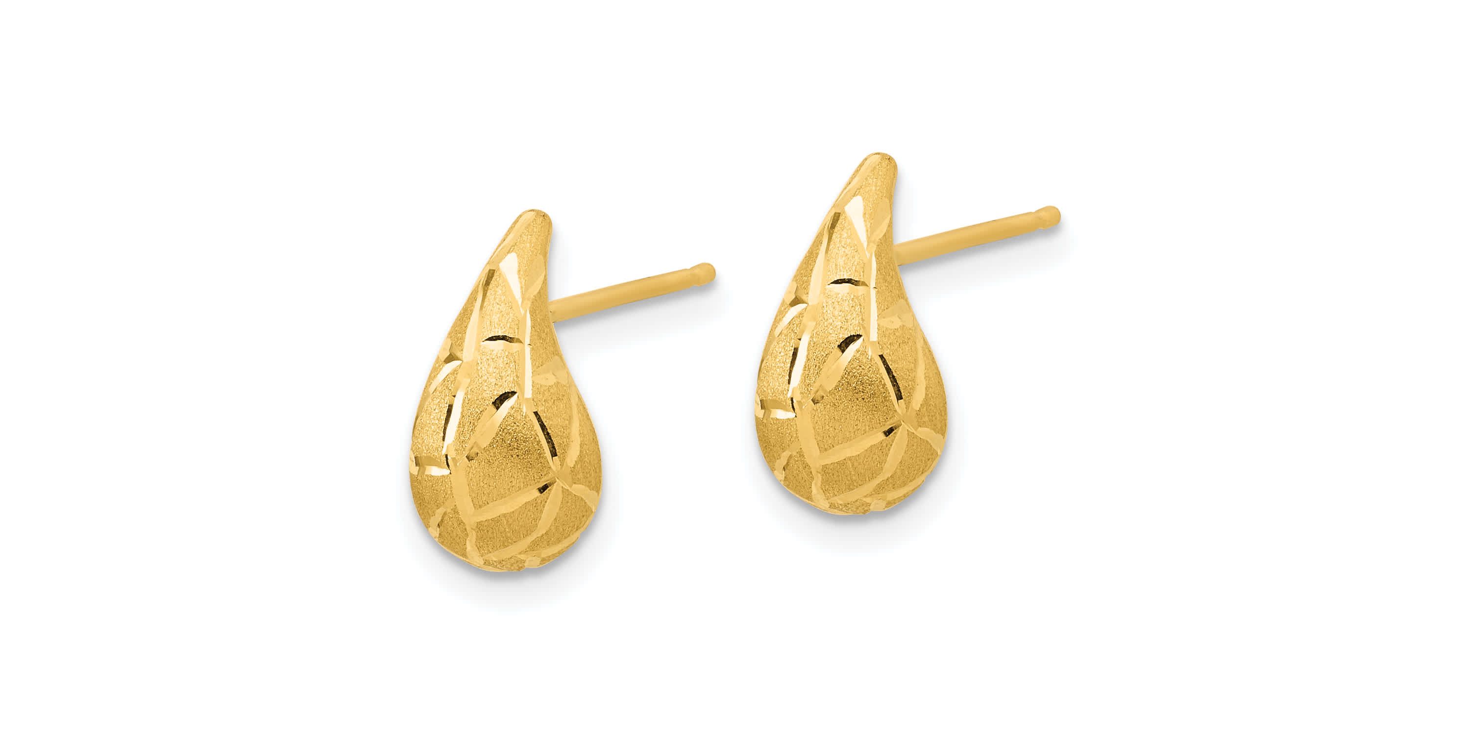 14K Yellow Gold Polished, Brushed and Diamond-cut Puffed Teardrop Post Earrings