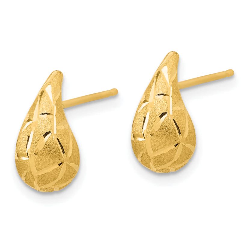 14K Yellow Gold Polished, Brushed and Diamond-cut Puffed Teardrop Post Earrings