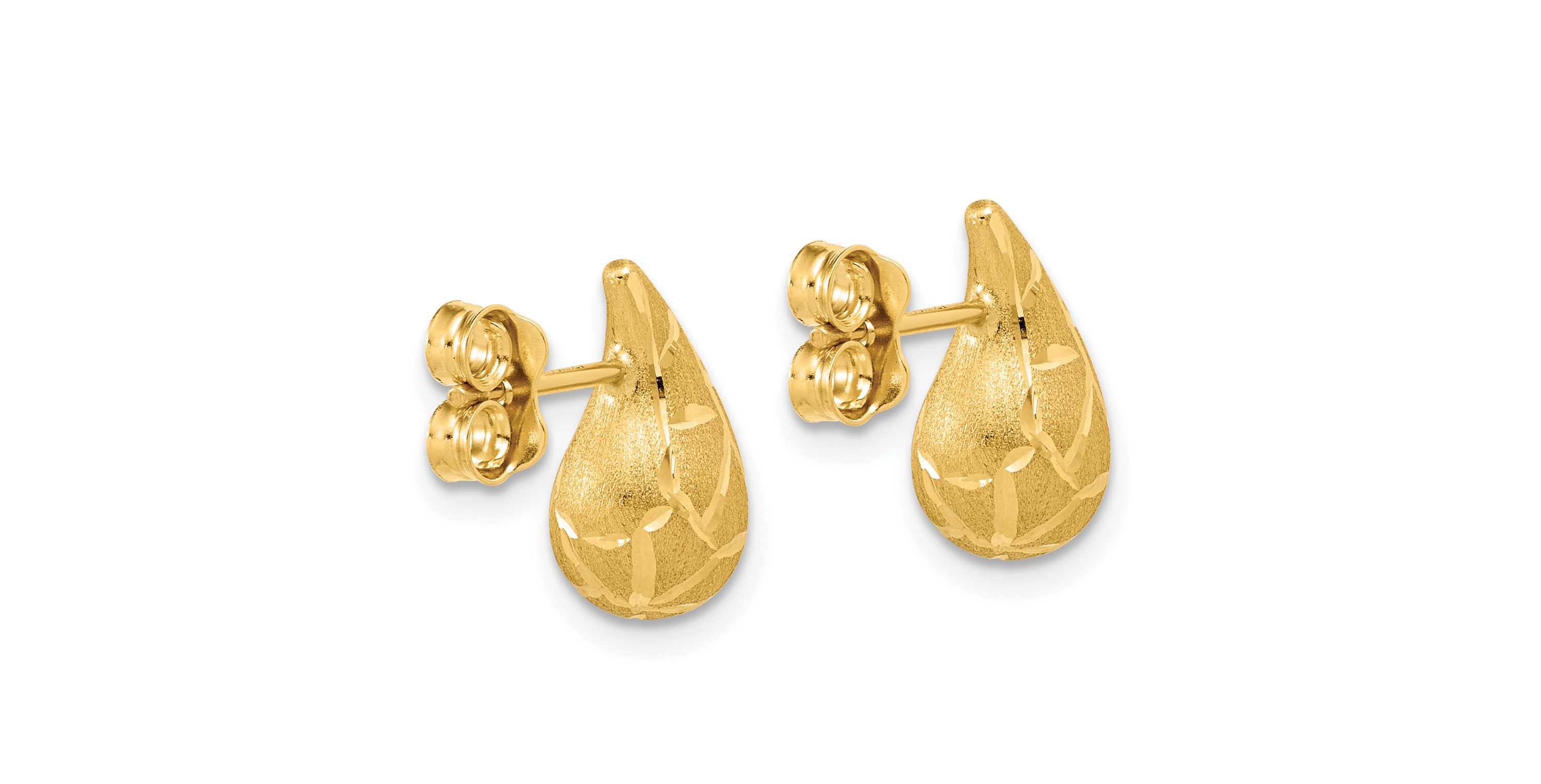 14K Yellow Gold Polished, Brushed and Diamond-cut Puffed Teardrop Post Earrings