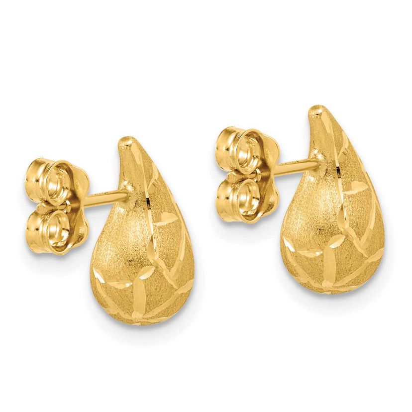 14K Yellow Gold Polished, Brushed and Diamond-cut Puffed Teardrop Post Earrings