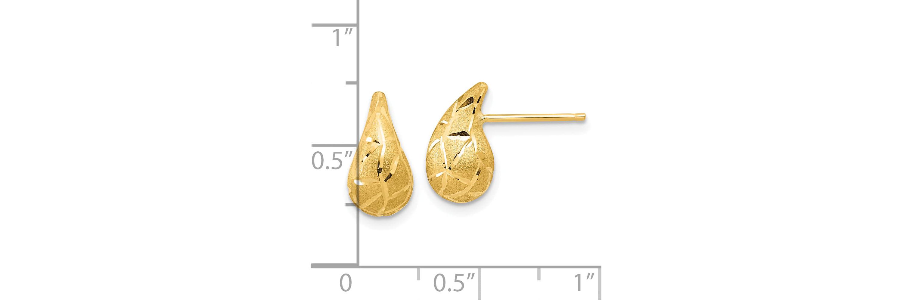 14K Yellow Gold Polished, Brushed and Diamond-cut Puffed Teardrop Post Earrings