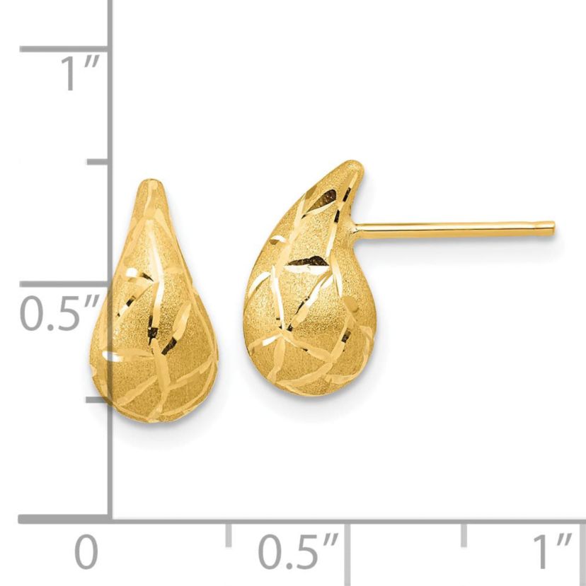 14K Yellow Gold Polished, Brushed and Diamond-cut Puffed Teardrop Post Earrings