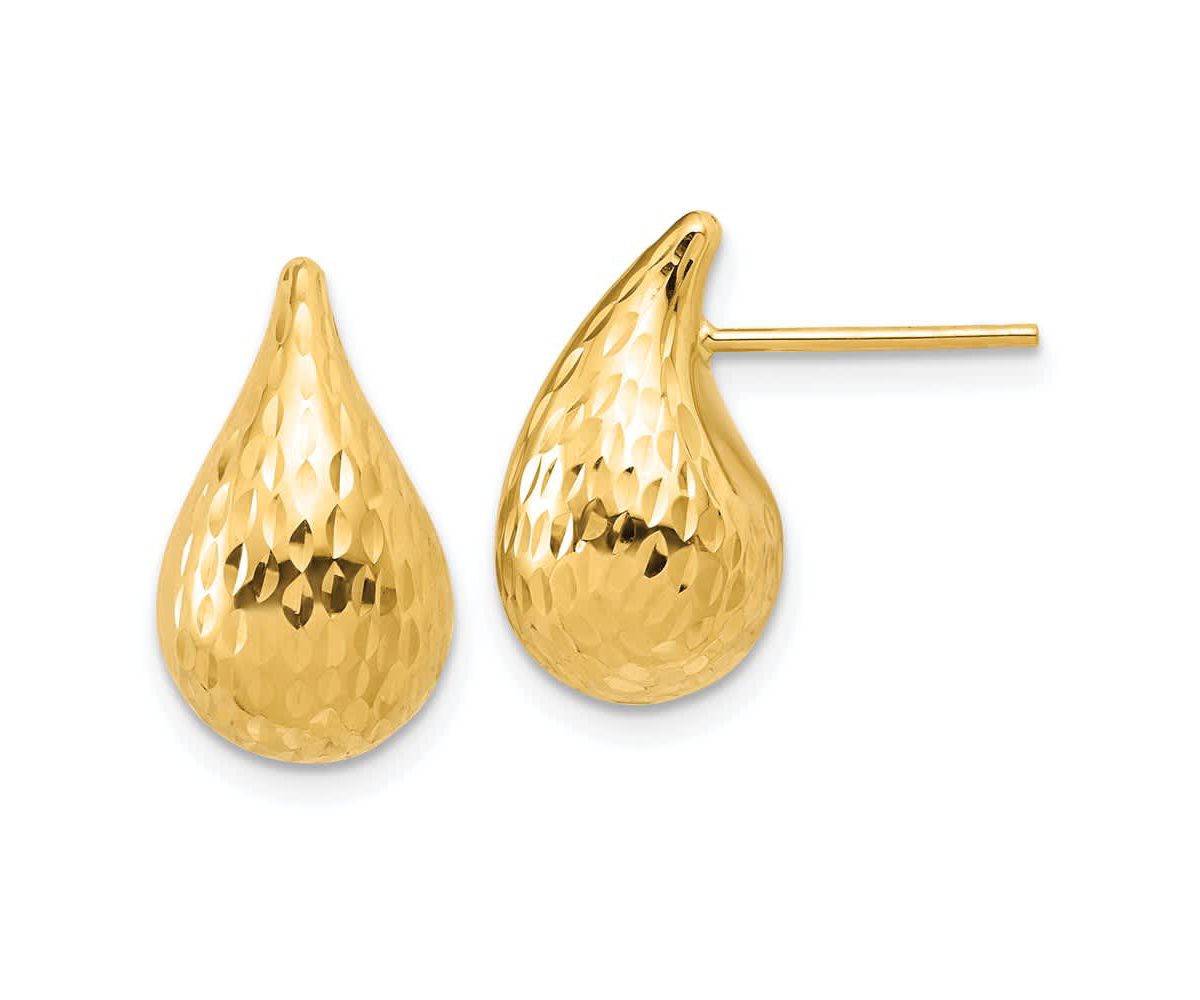 14K Yellow Gold Polished and Diamond-cut Puffed Teardrop Post Earrings
