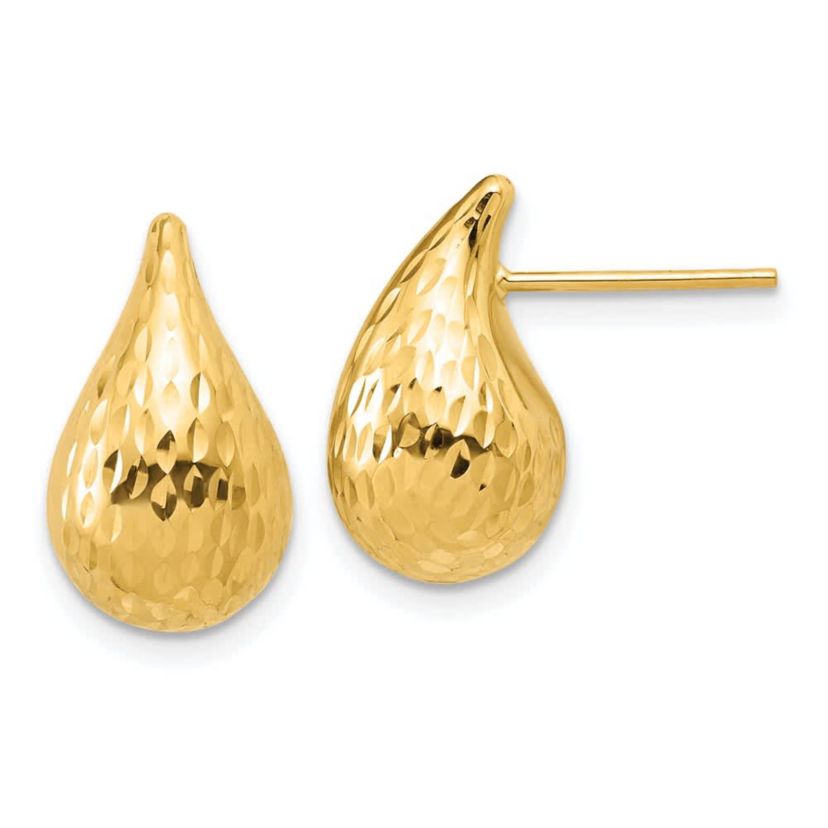 14K Yellow Gold Polished and Diamond-cut Puffed Teardrop Post Earrings