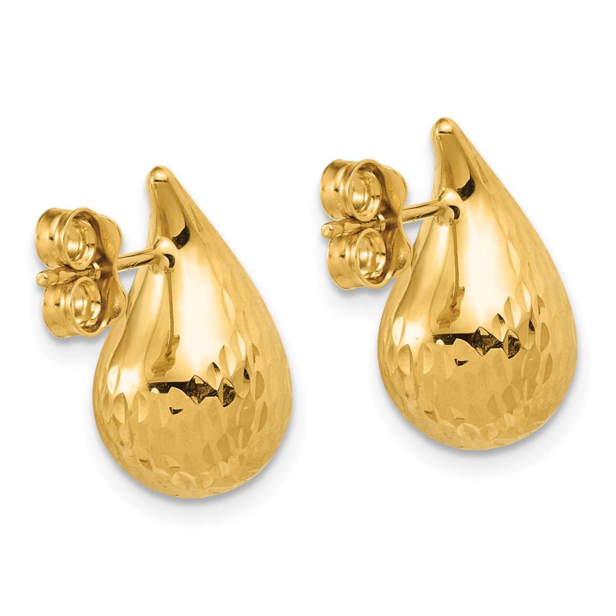 14K Yellow Gold Polished and Diamond-cut Puffed Teardrop Post Earrings