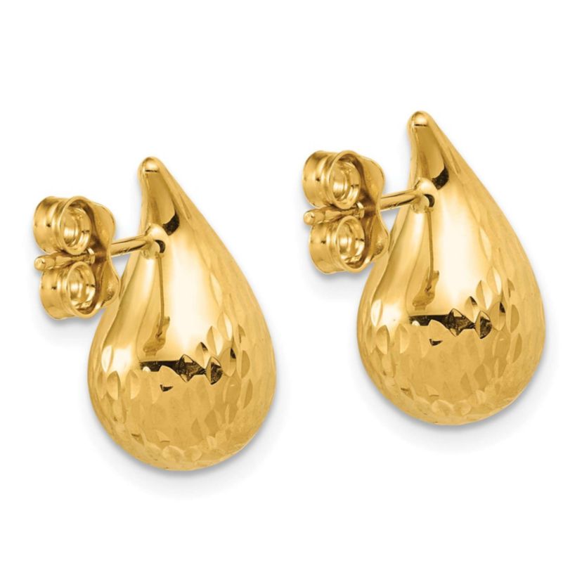 14K Yellow Gold Polished and Diamond-cut Puffed Teardrop Post Earrings