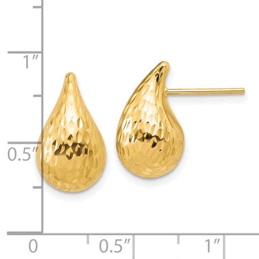 14K Yellow Gold Polished and Diamond-cut Puffed Teardrop Post Earrings