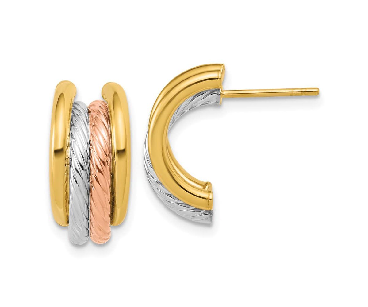 14K Yellow Gold with White Rhodium and Rose Gold-plated Polished Twisted J-Hoop Post Earrings