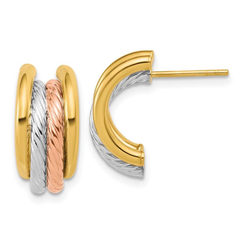 14K Yellow Gold with White Rhodium and Rose Gold-plated Polished Twisted J-Hoop Post Earrings