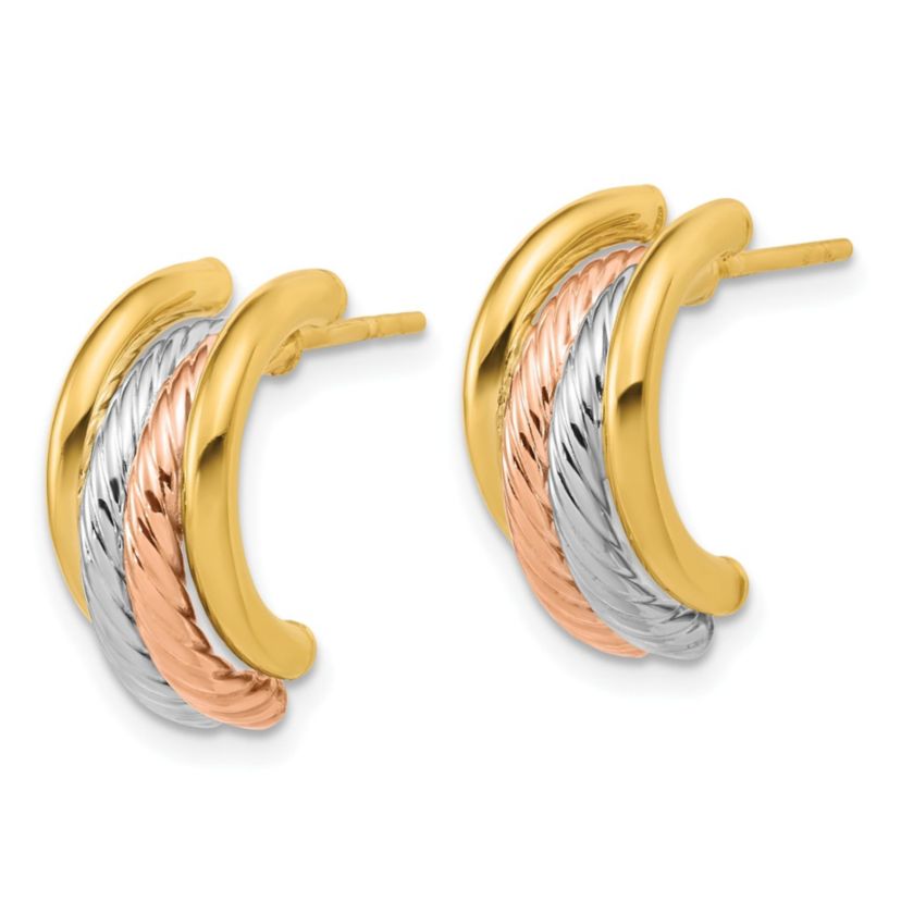 14K Yellow Gold with White Rhodium and Rose Gold-plated Polished Twisted J-Hoop Post Earrings