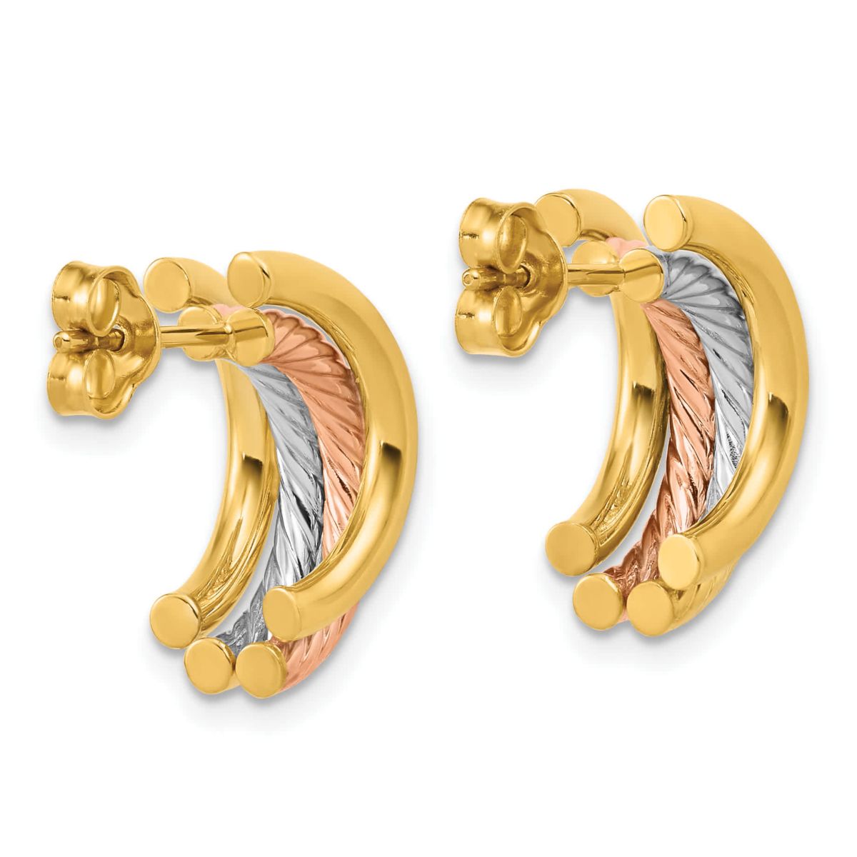 14K Yellow Gold with White Rhodium and Rose Gold-plated Polished Twisted J-Hoop Post Earrings