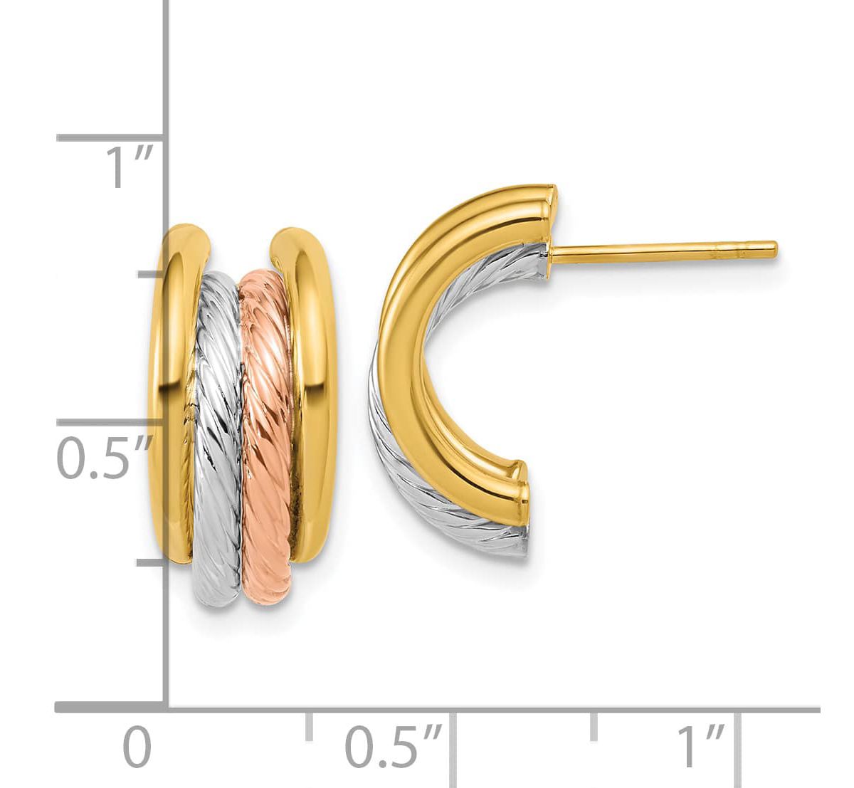 14K Yellow Gold with White Rhodium and Rose Gold-plated Polished Twisted J-Hoop Post Earrings