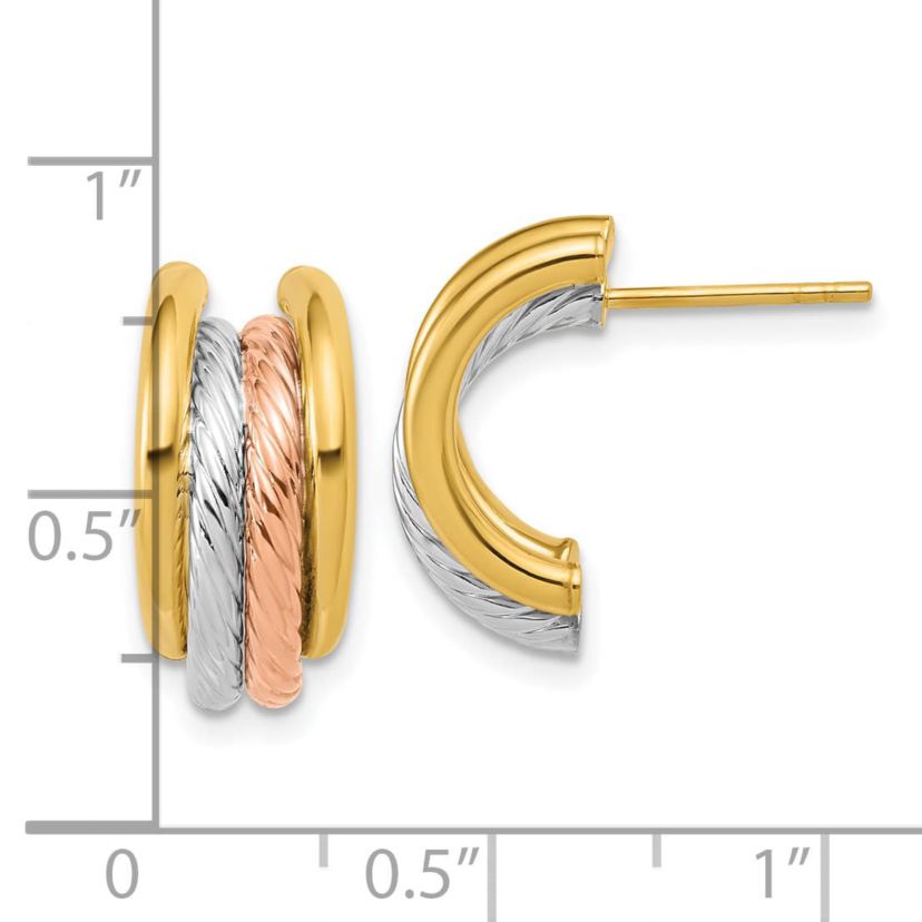 14K Yellow Gold with White Rhodium and Rose Gold-plated Polished Twisted J-Hoop Post Earrings