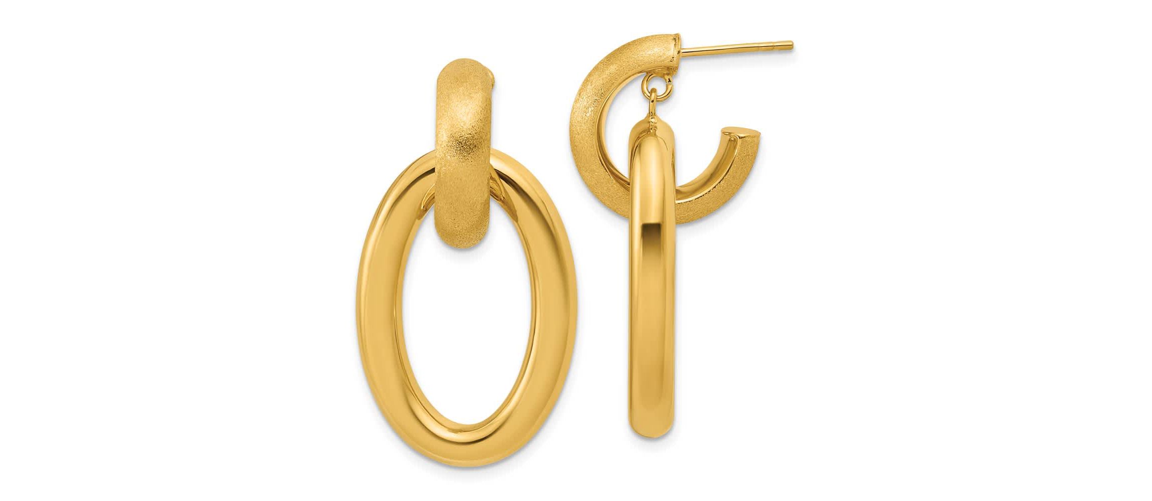 14K Yellow Gold Polished and Brushed Oval Dangle Post Earrings
