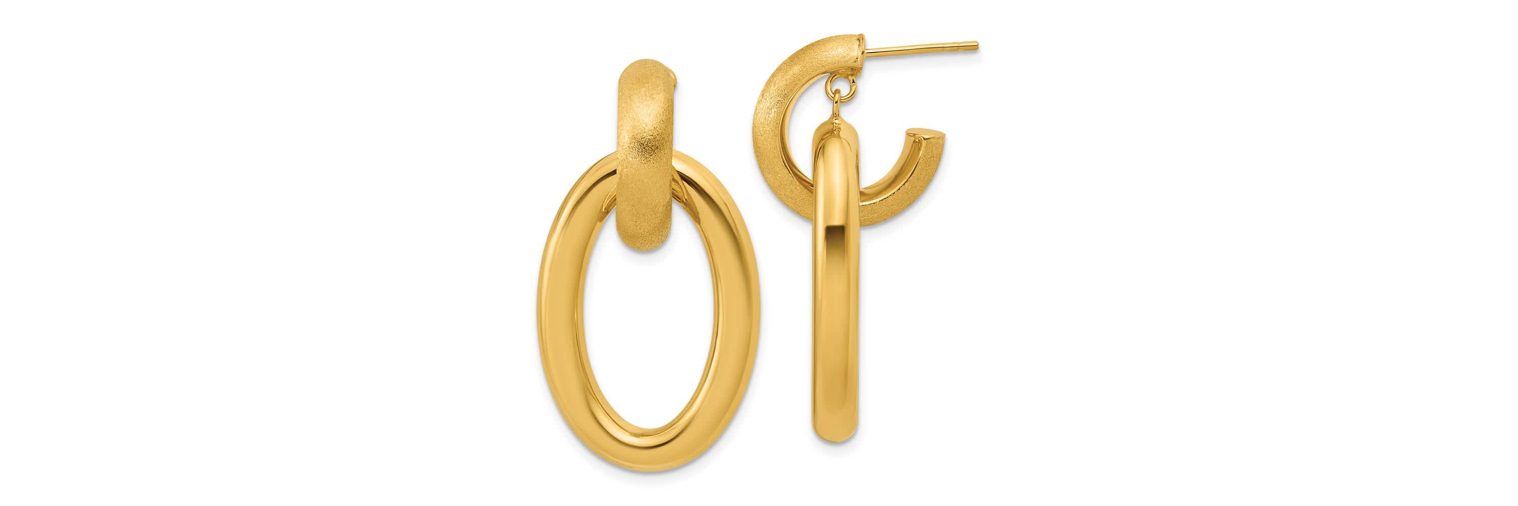 14K Yellow Gold Polished and Brushed Oval Dangle Post Earrings