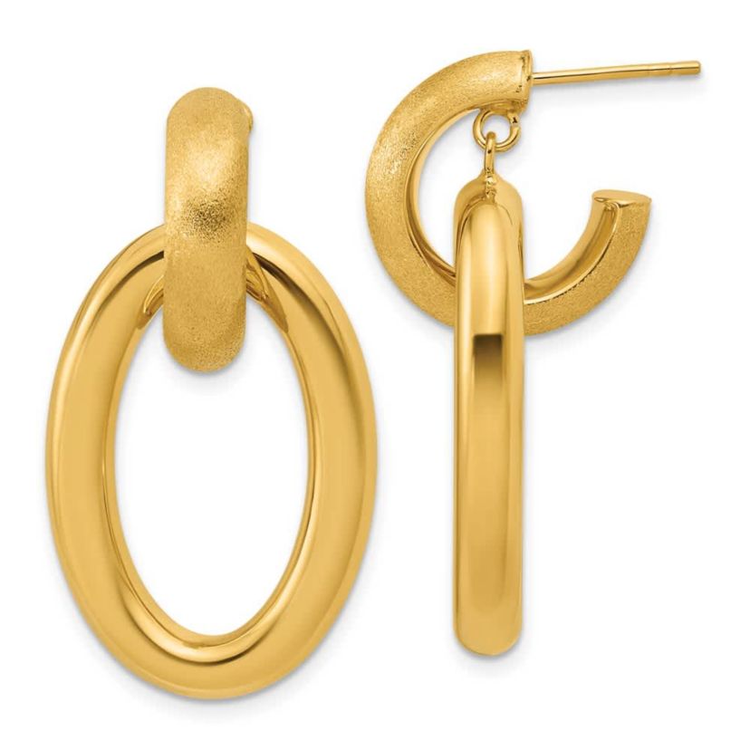 14K Yellow Gold Polished and Brushed Oval Dangle Post Earrings
