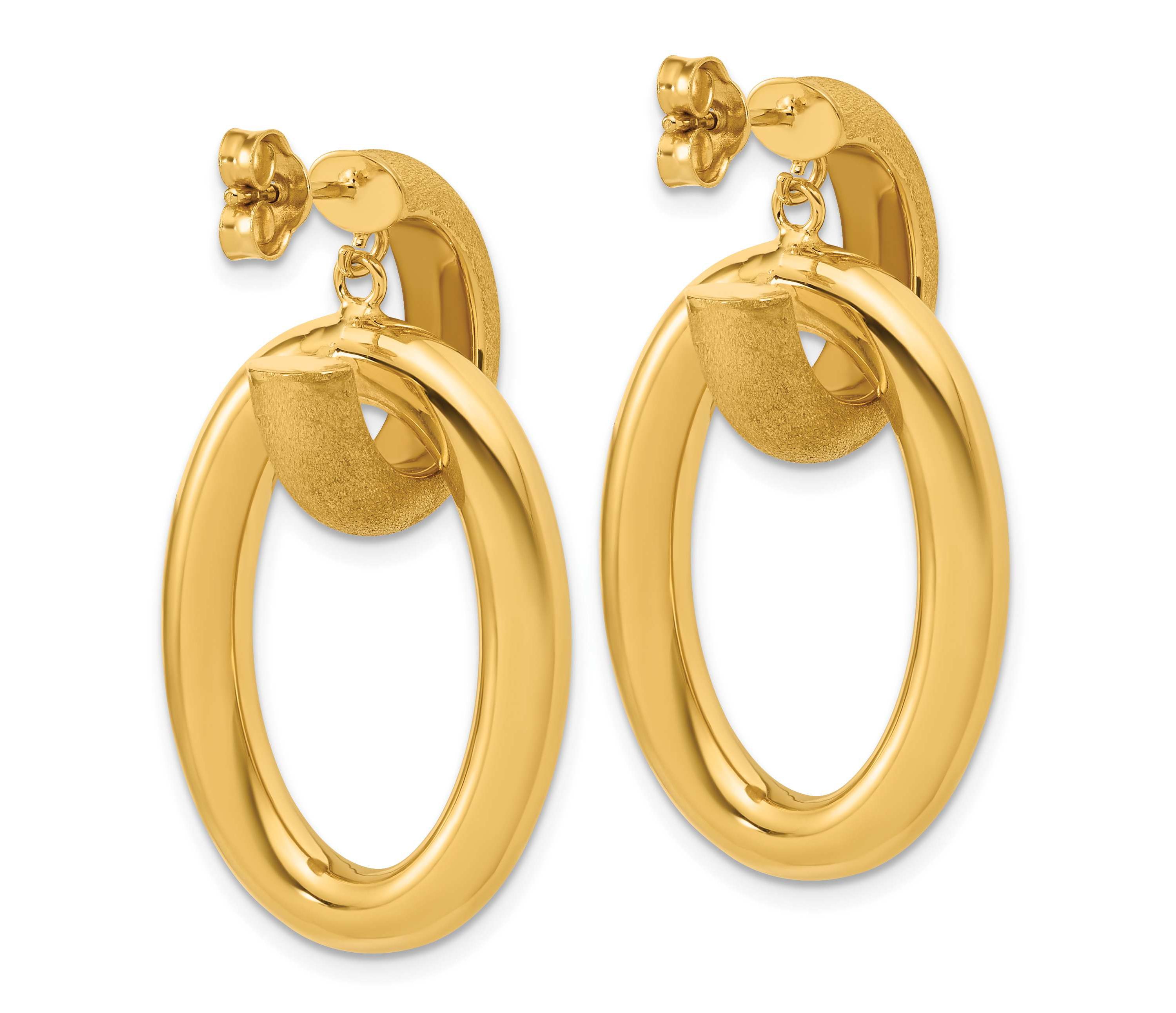 14K Yellow Gold Polished and Brushed Oval Dangle Post Earrings
