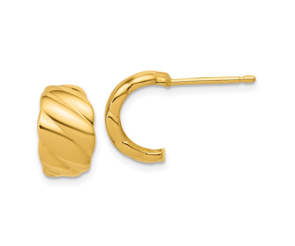 14K Yellow Gold Polished and Grooved J-Hoop Post Earrings