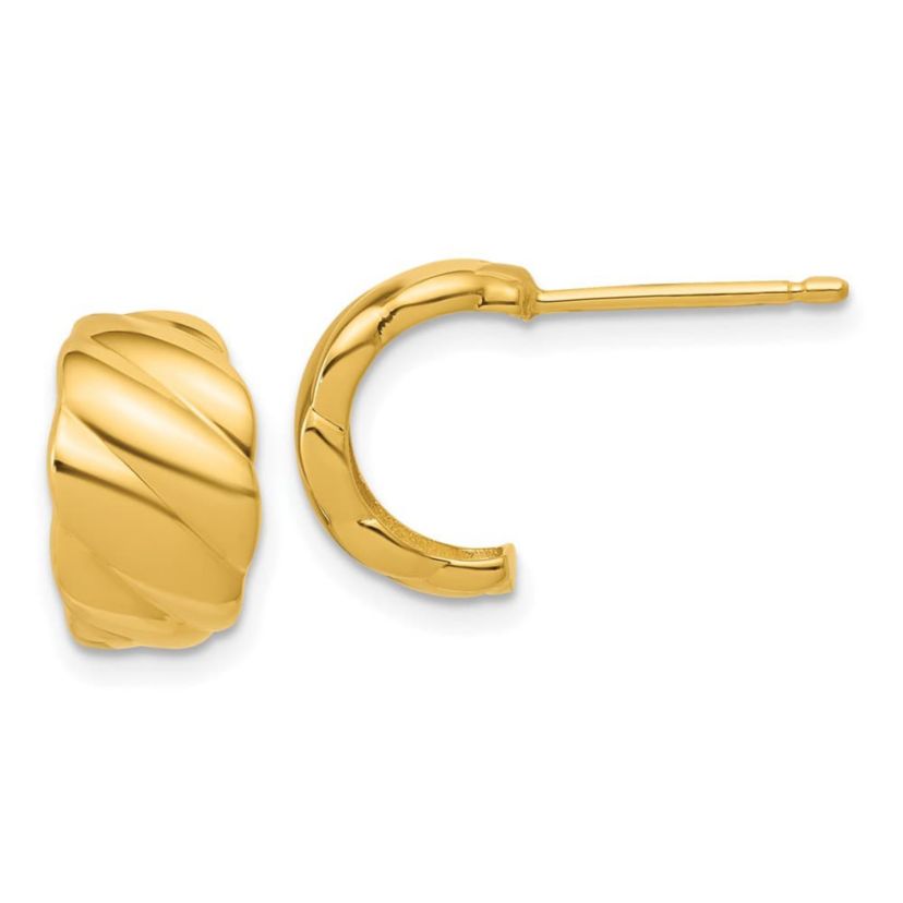 14K Yellow Gold Polished and Grooved J-Hoop Post Earrings