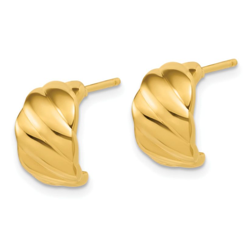 14K Yellow Gold Polished and Grooved J-Hoop Post Earrings