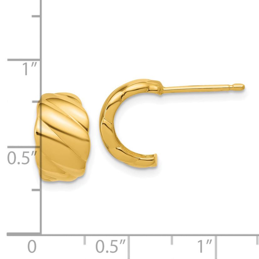 14K Yellow Gold Polished and Grooved J-Hoop Post Earrings