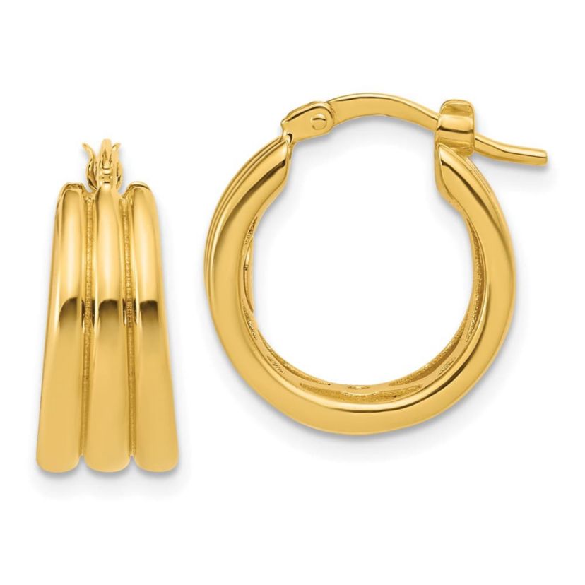 14K Yellow Gold Polished and Grooved Hoop Earrings