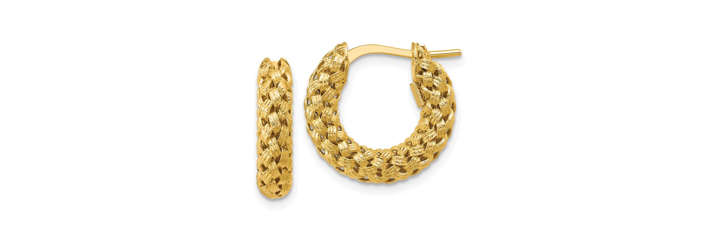 14K Yellow Gold Polished and Textured Woven Hoop Earrings
