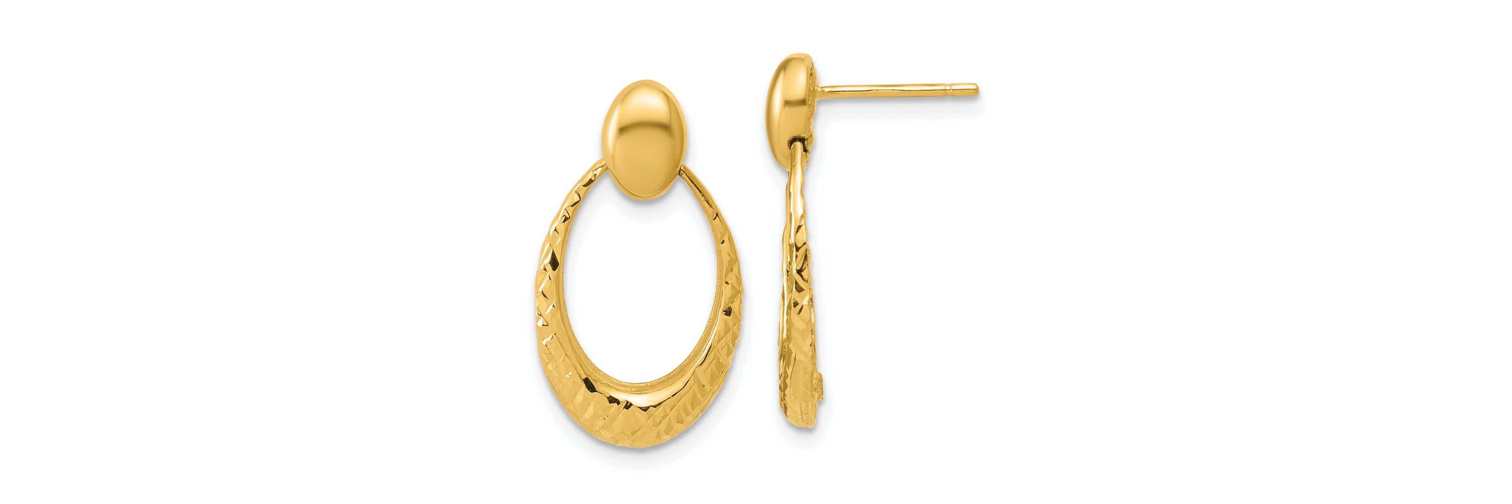 14K Yellow Gold Polished and Diamond-cut Oval Dangle Post Earrings
