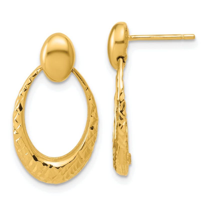 14K Yellow Gold Polished and Diamond-cut Oval Dangle Post Earrings