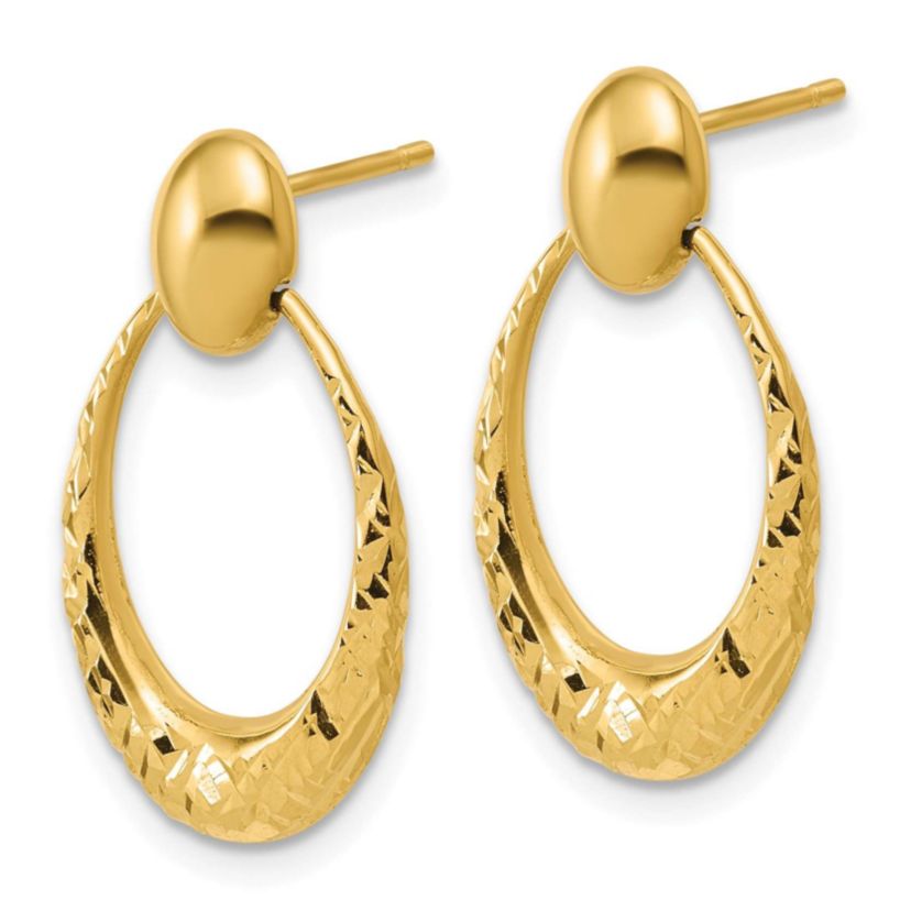 14K Yellow Gold Polished and Diamond-cut Oval Dangle Post Earrings