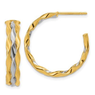 Belk & Co 14K Yellow Gold with Rhodium Polished Wave J-Hoop Post Earrings