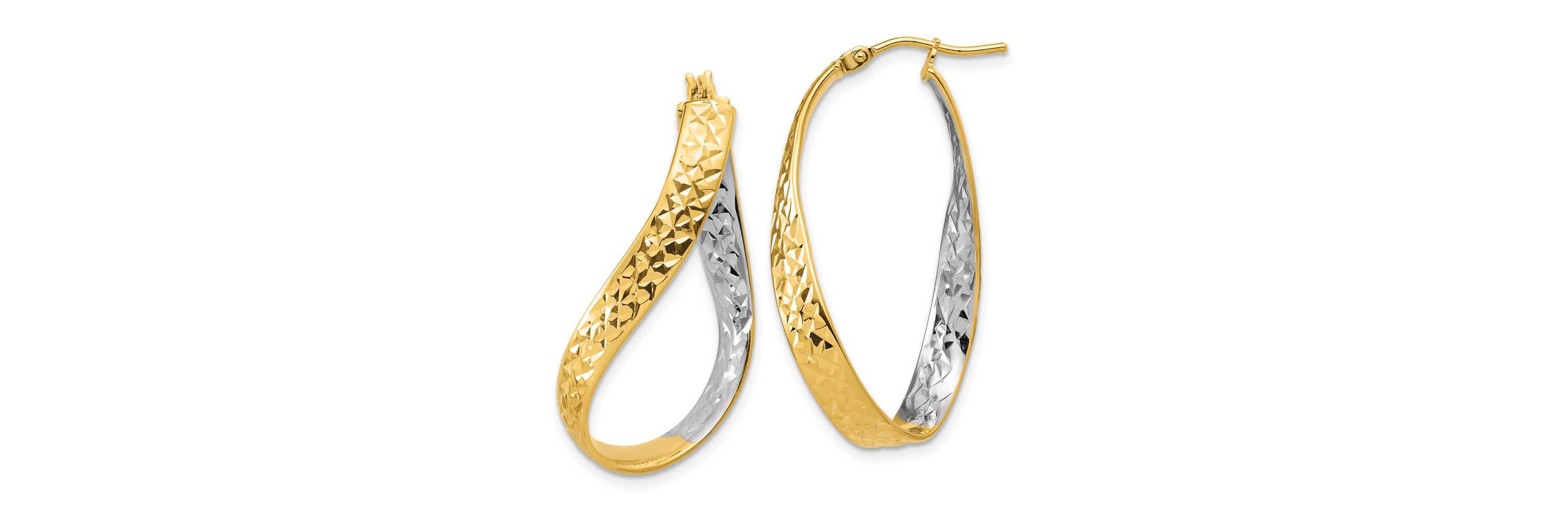 14K Yellow Gold with Rhodium Polished and Diamond-cut Twist In and Out Hoop Earrings