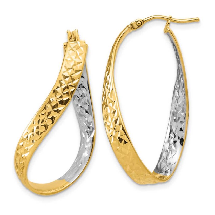 14K Yellow Gold with Rhodium Polished and Diamond-cut Twist In and Out Hoop Earrings