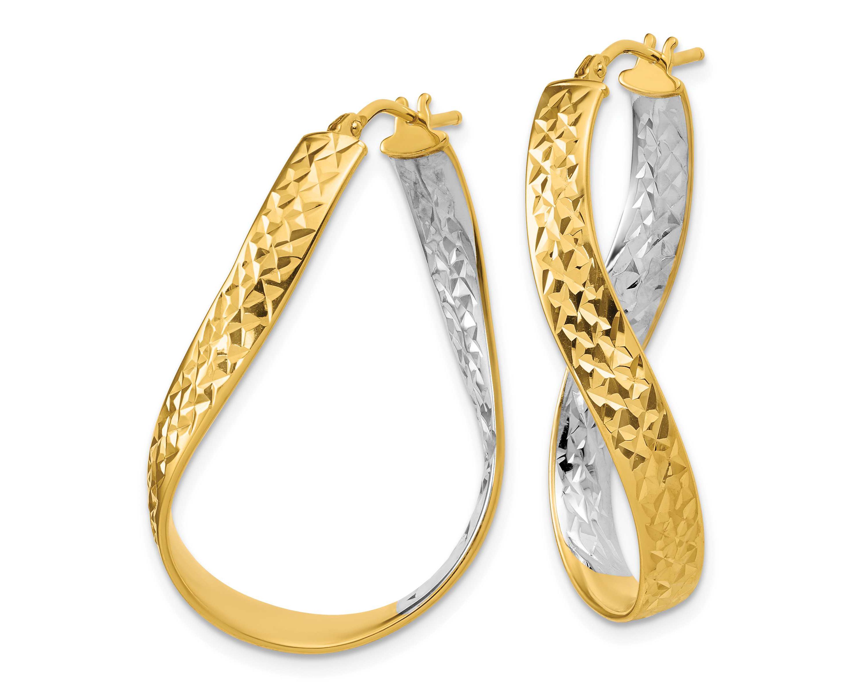 14K Yellow Gold with Rhodium Polished and Diamond-cut Twist In and Out Hoop Earrings