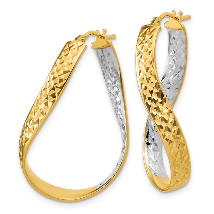 14K Yellow Gold with Rhodium Polished and Diamond-cut Twist In and Out Hoop Earrings