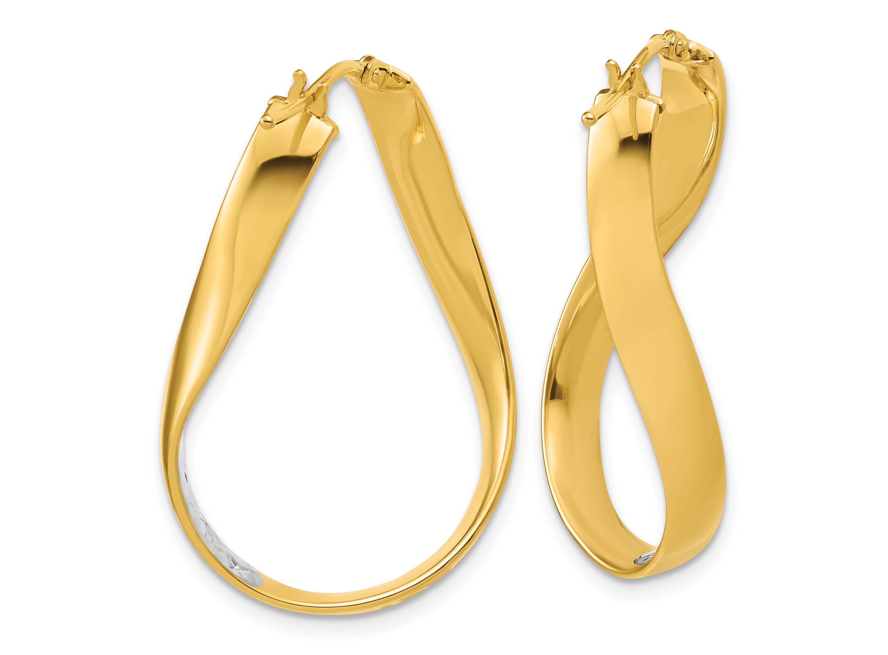 14K Yellow Gold with Rhodium Polished and Diamond-cut Twist In and Out Hoop Earrings