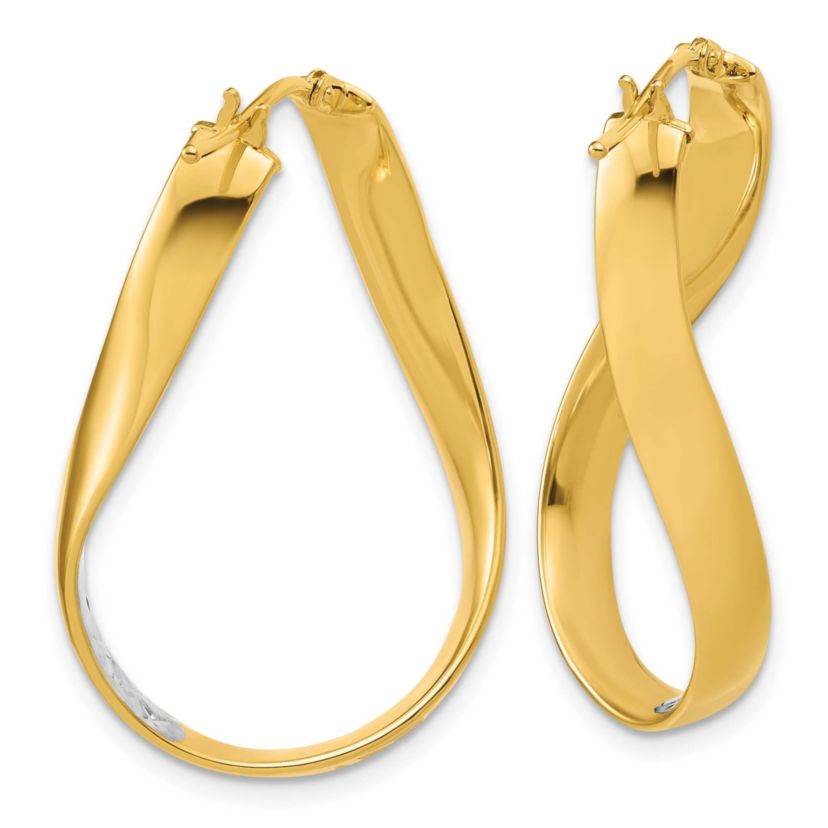 14K Yellow Gold with Rhodium Polished and Diamond-cut Twist In and Out Hoop Earrings