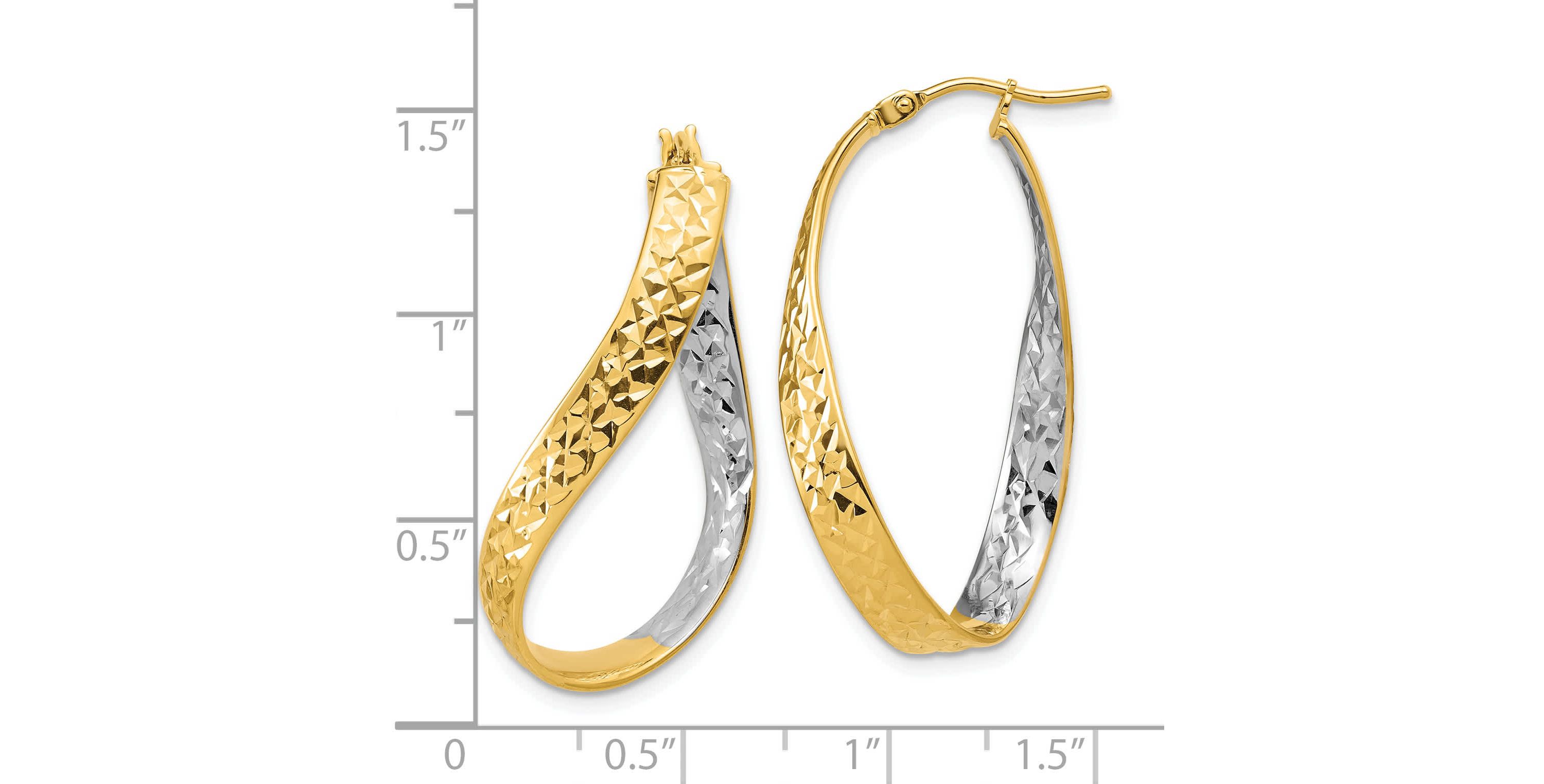 14K Yellow Gold with Rhodium Polished and Diamond-cut Twist In and Out Hoop Earrings