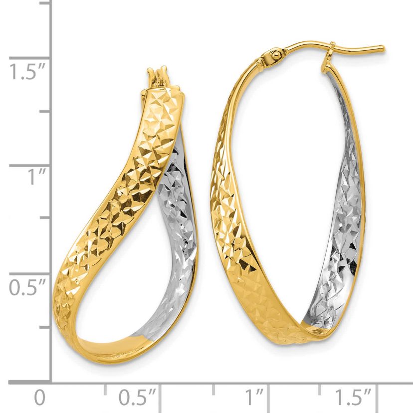 14K Yellow Gold with Rhodium Polished and Diamond-cut Twist In and Out Hoop Earrings