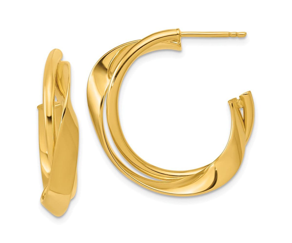 14K Yellow Gold Polished 2-Row Twist J-Hoop Post Earrings