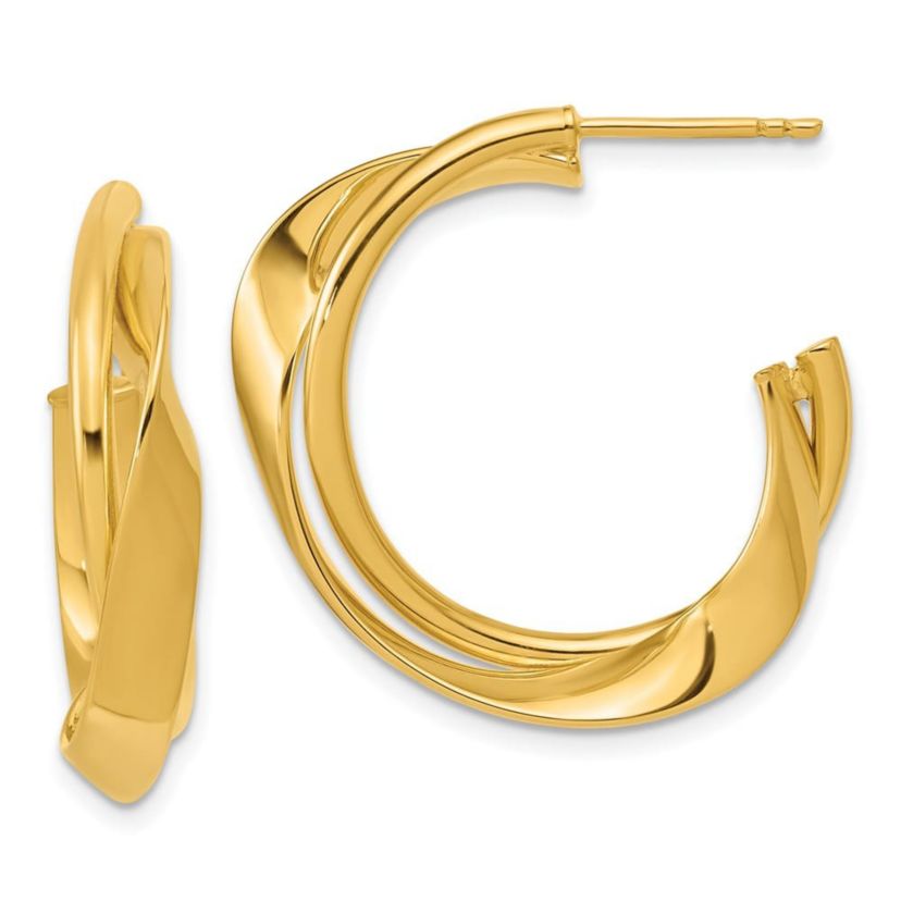 14K Yellow Gold Polished 2-Row Twist J-Hoop Post Earrings