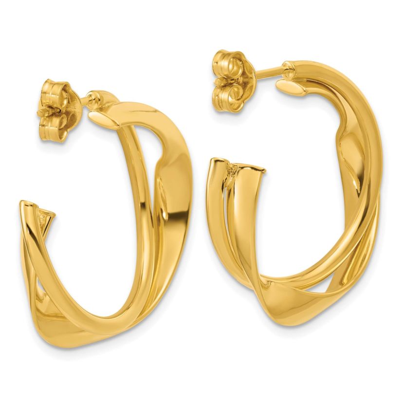14K Yellow Gold Polished 2-Row Twist J-Hoop Post Earrings