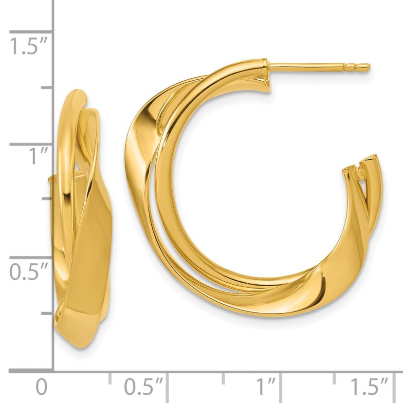 14K Yellow Gold Polished 2-Row Twist J-Hoop Post Earrings