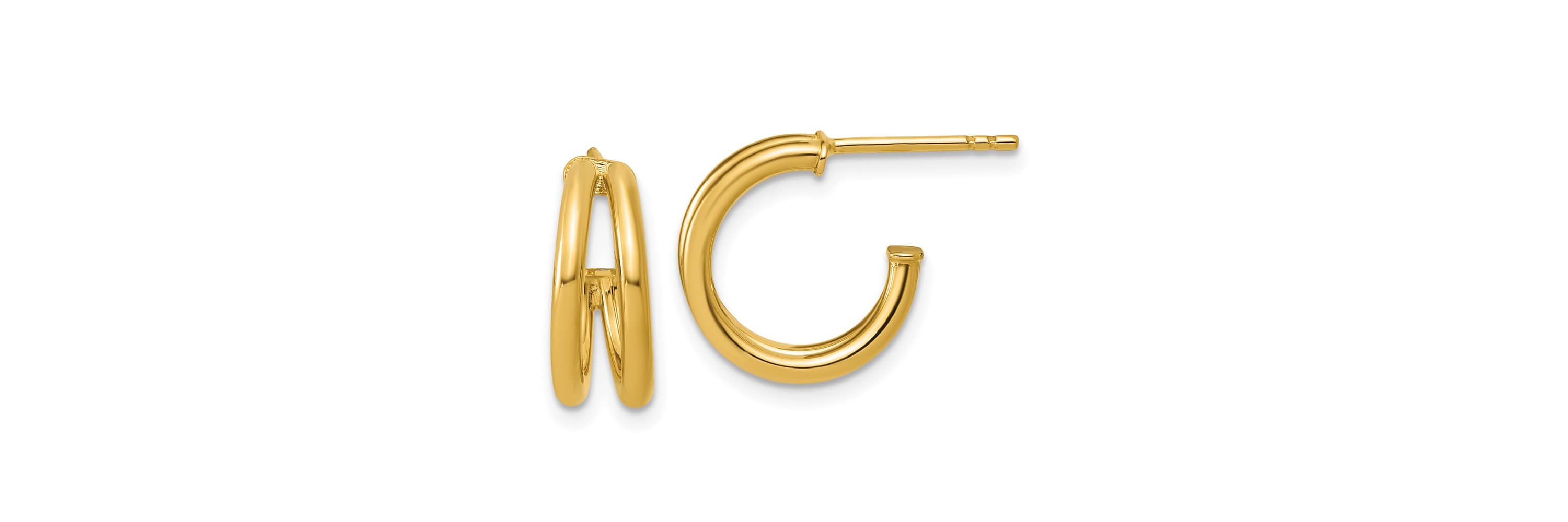 14K Yellow Gold Polished 2-row J-Hoop Post Earrings
