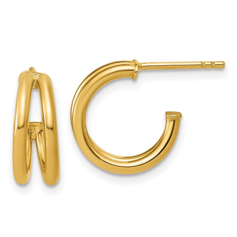 14K Yellow Gold Polished 2-row J-Hoop Post Earrings