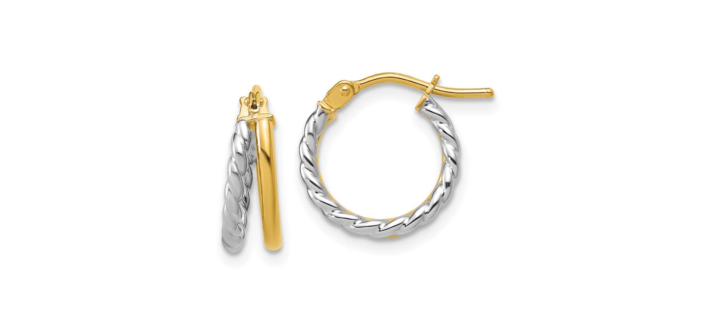 14K Yellow Gold with Rhodium Polished and Twisted 2-row J-Hoop Earrings