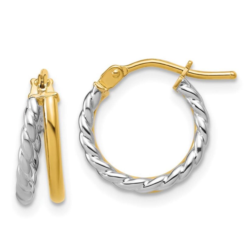 14K Yellow Gold with Rhodium Polished and Twisted 2-row J-Hoop Earrings