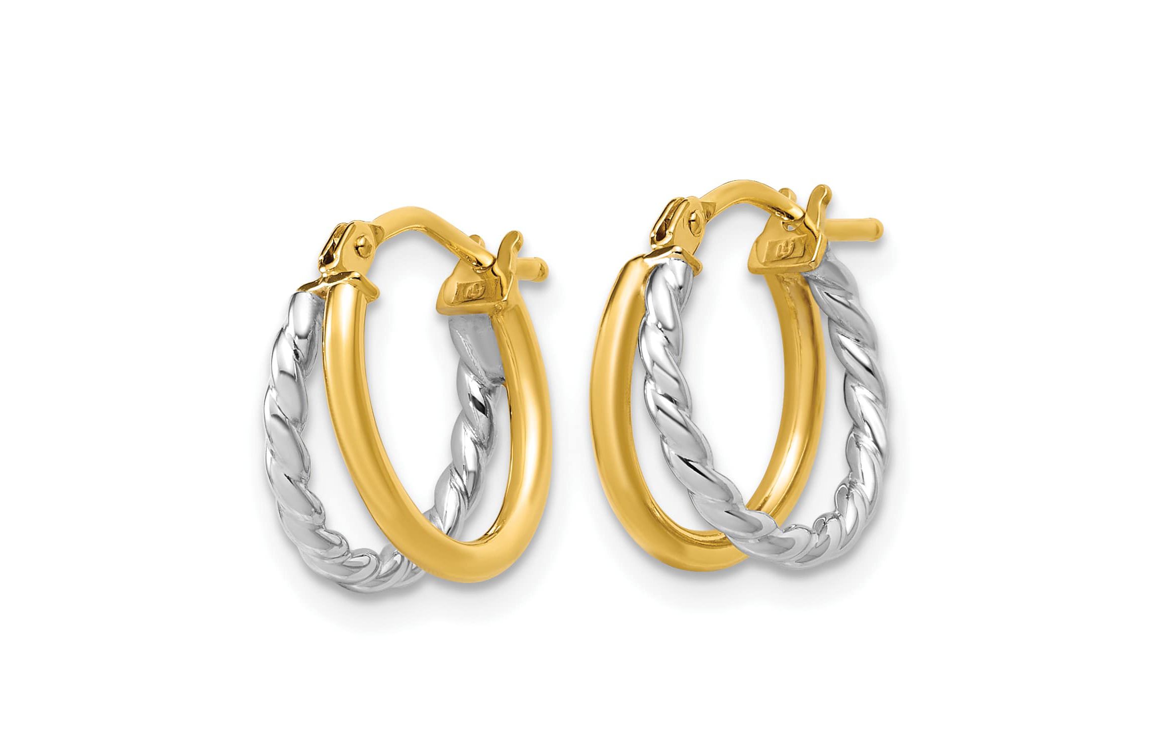 14K Yellow Gold with Rhodium Polished and Twisted 2-row J-Hoop Earrings